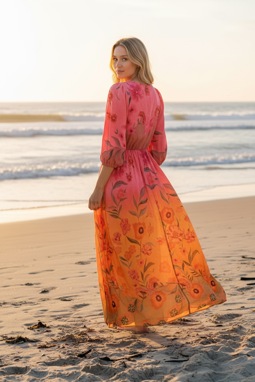 Kihei Hand-Dyed Viscose Maxi Dress — Red Flowers