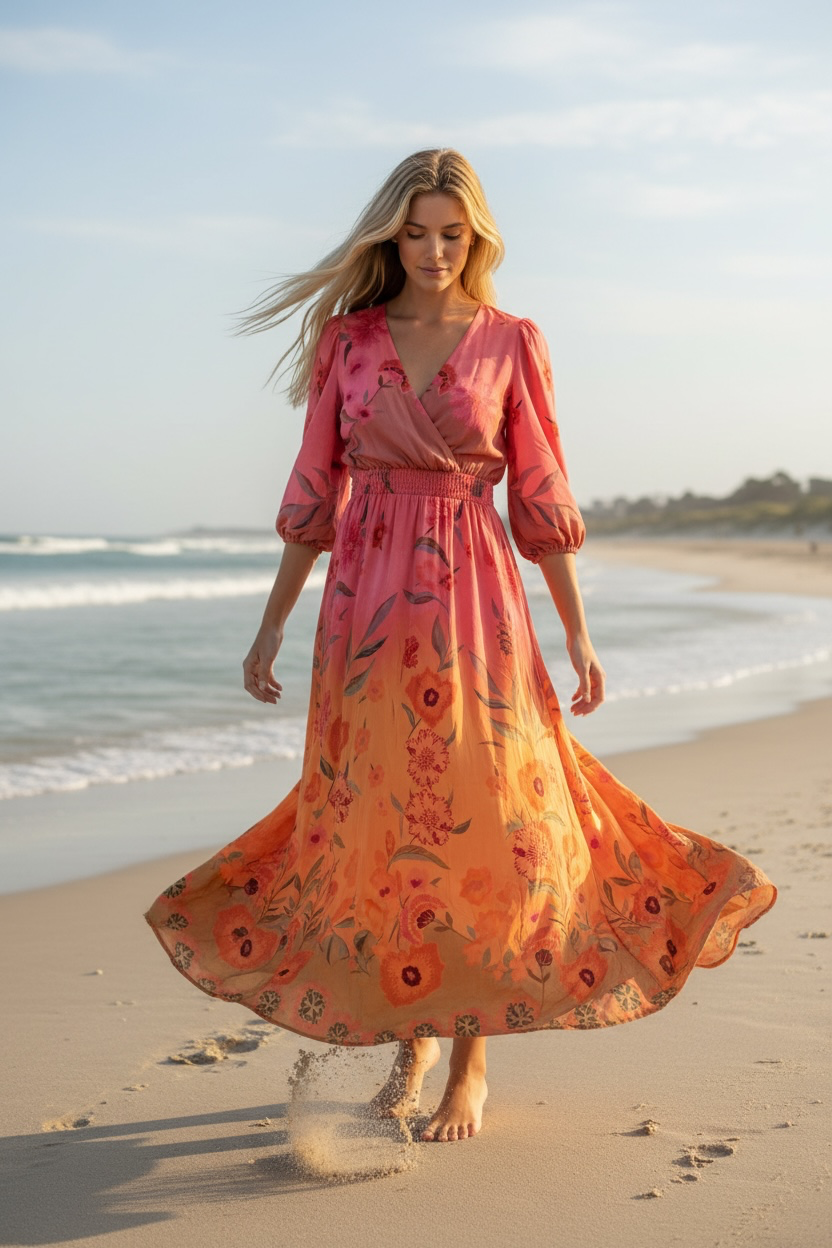 Kihei Hand-Dyed Viscose Maxi Dress — Red Flowers