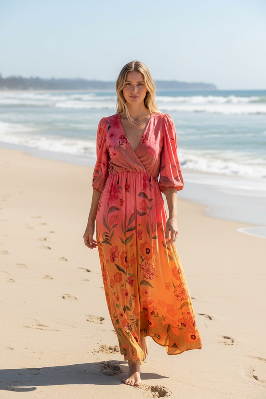 Kihei Hand-Dyed Viscose Maxi Dress — Red Flowers